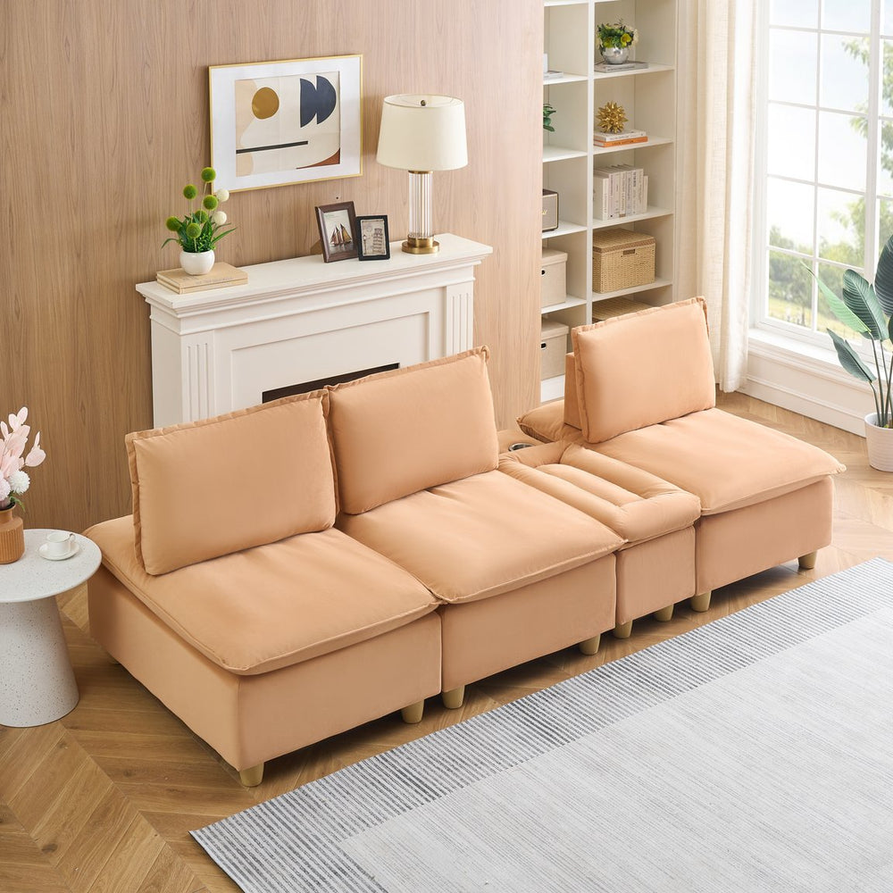 English Elm 104-inch pumpkin flannel three-seater sofa with storage cabinet, cup holders, adjustable backrest, comfy modern design Light Brown W1658S00095