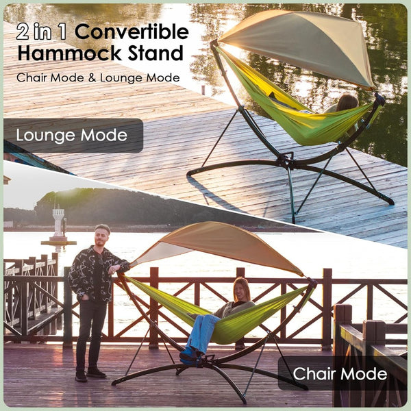 English Elm Portable Hammock with Quick Fold Stand Ripstop Nylon Sunshade 650 Lb Capacity Green W3457P379389