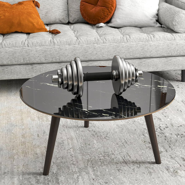 English Elm 36"inch Round Tempered Glass Tabletop Marble Print Indoor Outdoor Dining Patio Black W241P361489