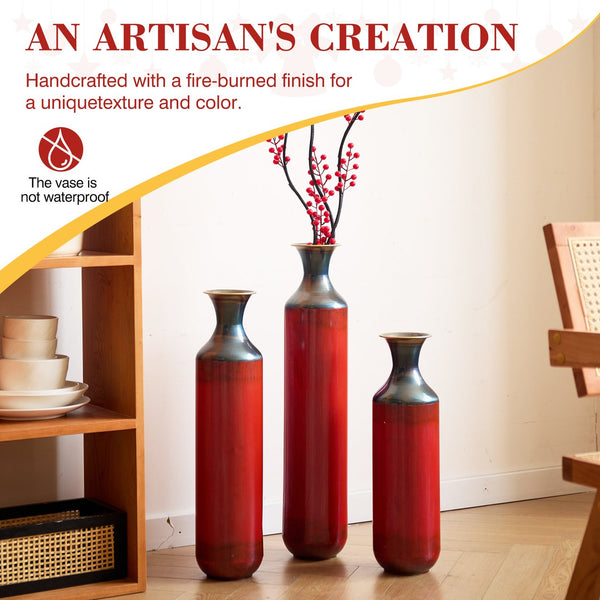 English Elm Floor Red Metal Vase Set 3-Piece Droplet Sculptures — Modern Glazed Tall Decorative Vases for Home W2796P371277