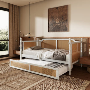 English Elm Traditional Rattan Headboard Twin Daybed Pine Frame with Under Bed Storage Drawers BS701P193919K