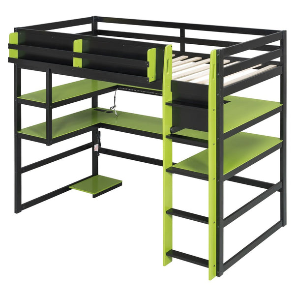 English Elm Twin Loft Bed with Rgb Lighting Usb Ports Wraparound Shelves and Gaming Desk Green LT000298AAF