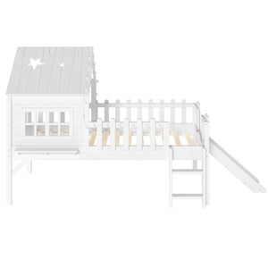 English Elm Twin Playhouse Loft Bed Solid Pine Frame with Slide Led Lights and Star Roof White W5316S00001