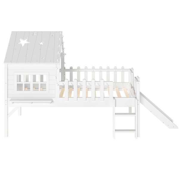 English Elm Twin Playhouse Loft Bed Solid Pine Frame with Slide Led Lights and Star Roof White W5316S00001