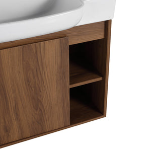 English Elm 28'' 28" Wall-Mounted Bathroom Vanity with White Ceramic Sink, Soft-Close Door, Open Shelves, KD-Pack W999P263409