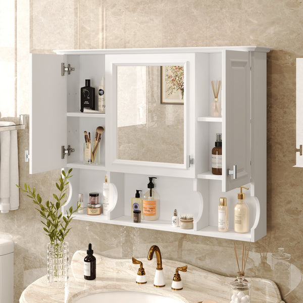 English Elm 35'' Modern Wall-Mounted Medicine Cabinet with Mirror, Hidden Storage and Open Shelves for Bath White N710P209443K