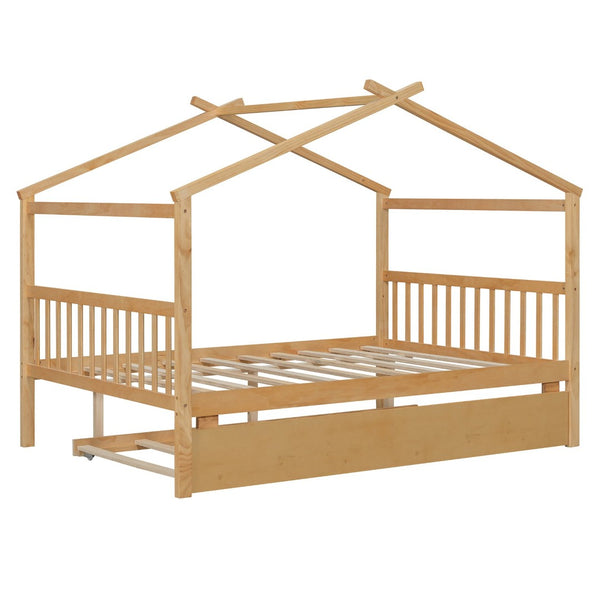English Elm Full Size House Bed Solid Pinewood Frame with Pull Out Twin Trundle for Kids Natural LP000305AAM-1