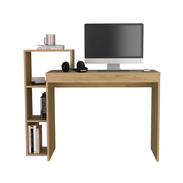 English Elm Foxburg Light Oak Desk with Open Shelves, Macadamia Engineered Wood Office Console for Workspaces B092P254740
