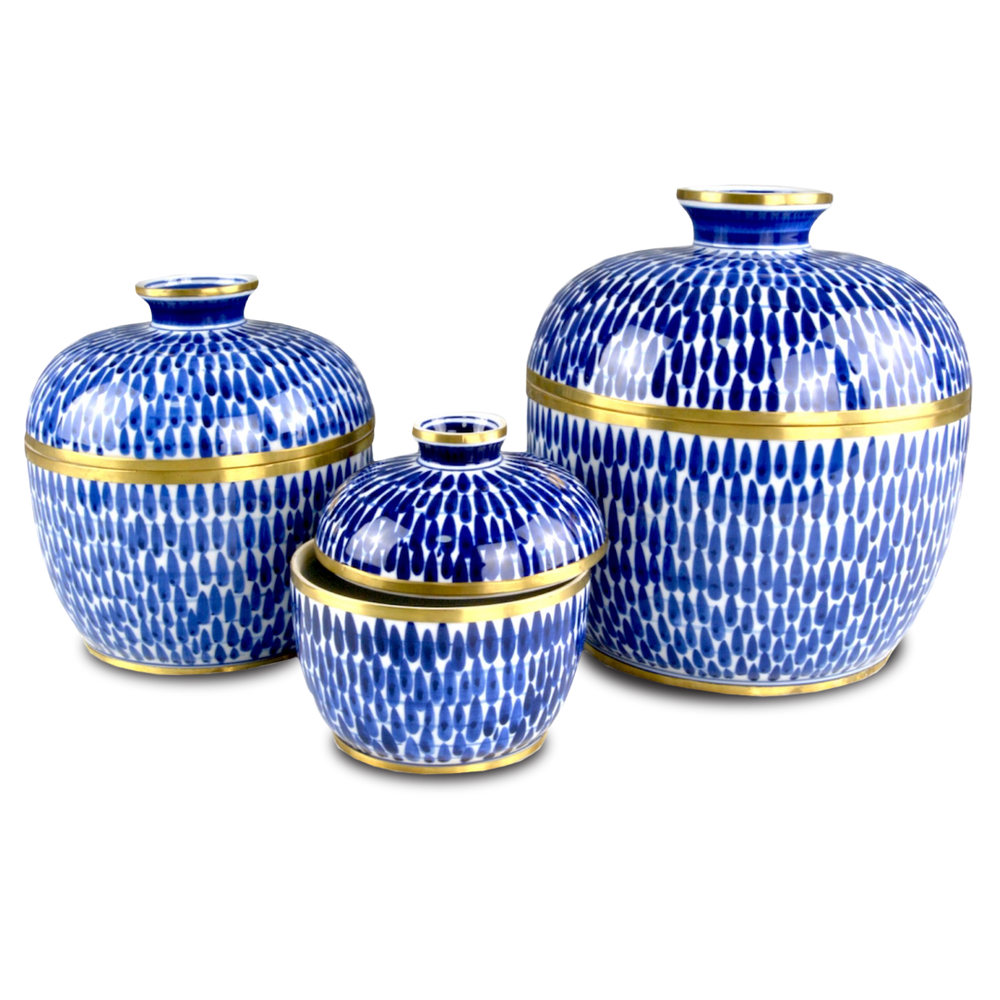 Plavan Artisan Jar Set of 3 – Hand-Painted Blue Ceramic with Brass Accents for Stylish Storage