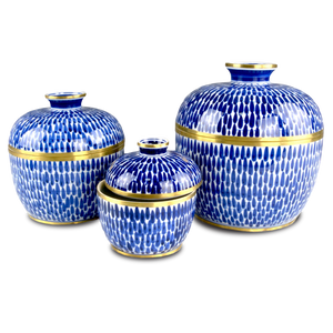 Plavan Artisan Jar Set of 3 – Hand-Painted Blue Ceramic with Brass Accents for Stylish Storage