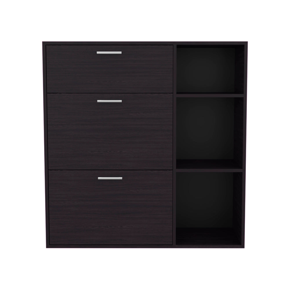 English Elm Showie 3-Door Shoe Rack with Drawer, Compact 23.6" Black Storage Cabinet with Bench Top for Entryway Decor B070P363834