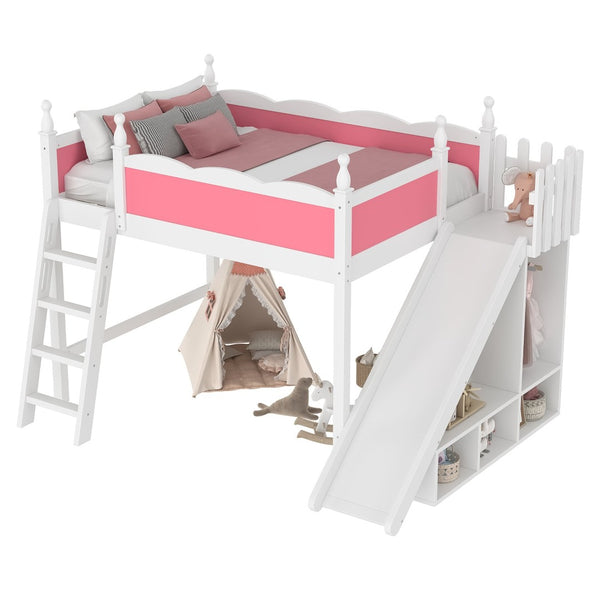 English Elm Twin Loft Bed Solid Pine Frame with Wardrobe Shelving Detachable Slide Kids Room W5305S00021
