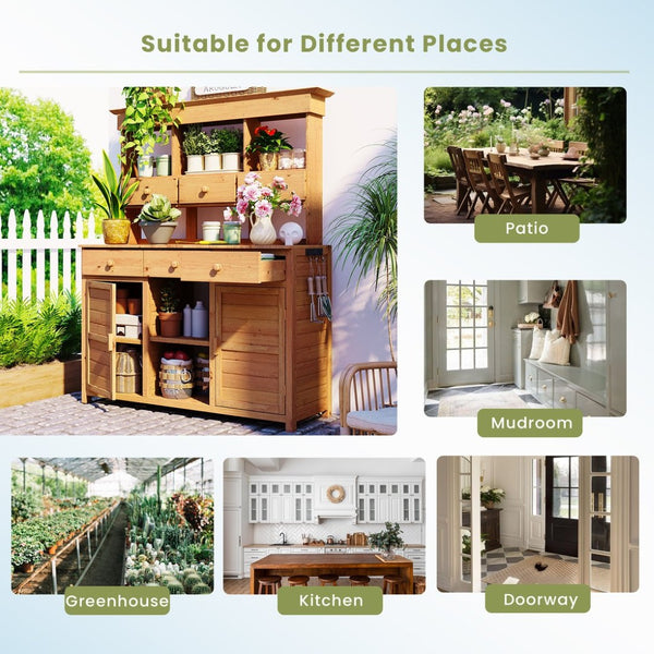 English Elm Topmax Fir Wood Hutch Potting Bench with Drawers Shelves Mudroom Storage N717P229024A