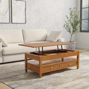 English Elm Warm Shaker Solid Wood Lift Top Coffee Table with Storage Drawers and Open Shelf B136P429089