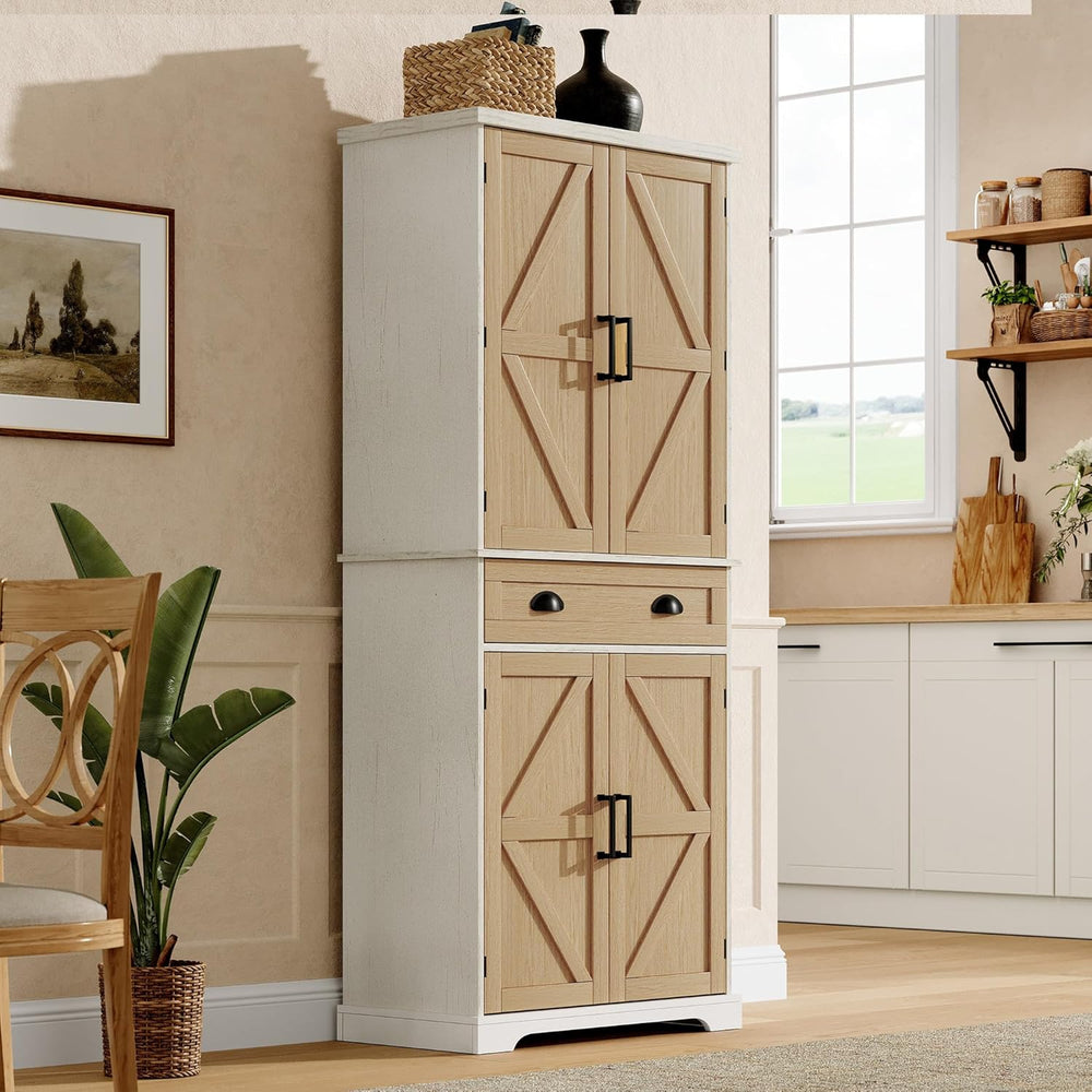 English Elm 71.8"H Farmhouse Kitchen Pantry Cabinet with X-Style Doors, Adjustable Shelves, Drawer & Anti-Tip T3771P352193