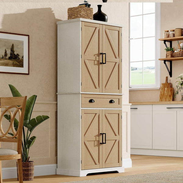 English Elm 71.8"H Farmhouse Kitchen Pantry Cabinet with X-Style Doors, Adjustable Shelves, Drawer & Anti-Tip T3771P352193