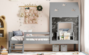 English Elm Full Bunk Bed with Trundle Bookshelf Storage Pine Frame Car Design for Kids Gray W1580S00294