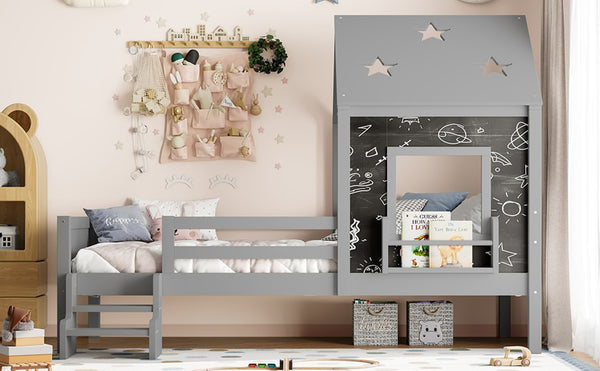 English Elm Full Bunk Bed with Trundle Bookshelf Storage Pine Frame Car Design for Kids Gray W1580S00294