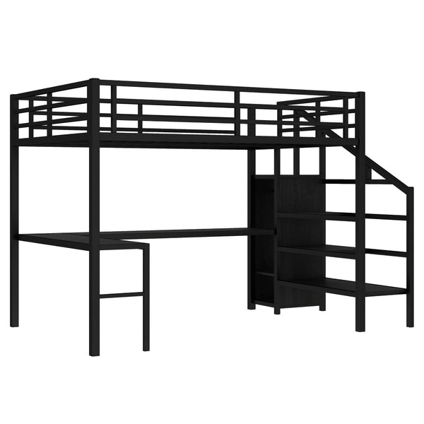 English Elm Twin Xl Metal Loft Bed with Stair Storage Shelves Sturdy Steel Frame for Dorms W1580S00545