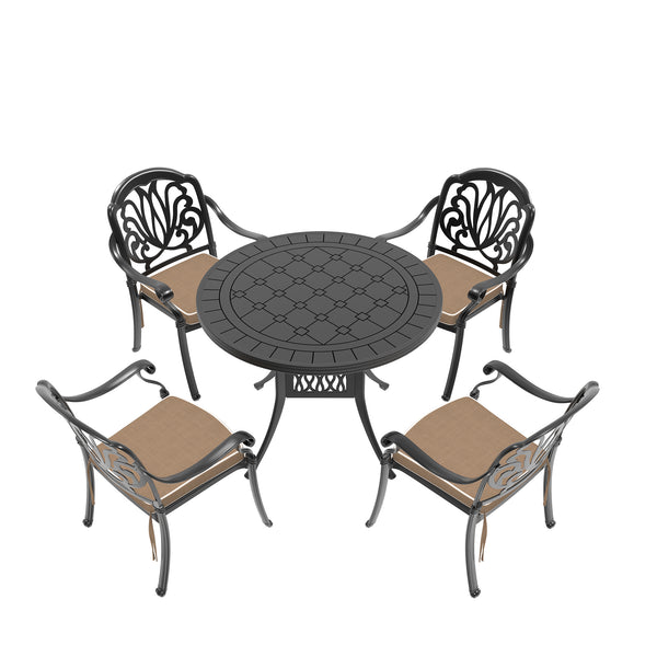 English Elm 5-Piece Cast Aluminum Patio Furniture Set With Brown Cushions For Cozy Outdoor Dining & Relaxation W1710S00068