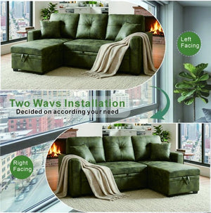 English Elm Sleeper Sectional Sofa with Pull Out Bed Storage Chaise Tufted Olive Fabric W5568S00036