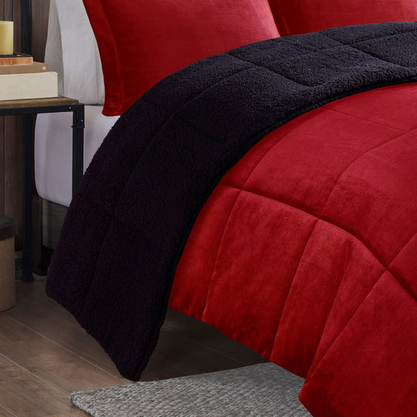 English Elm King Alton Plush-to-Sherpa Down Alternative Comforter Set — Reversible Cozy Berber, Hypoallergenic, OEKO-TEX Certified, Machine Washable Red+Black 22.44 L x 20.87 W x 15.35 H B035100472