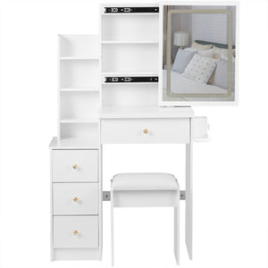 English Elm 29.2" Stylish Left Bedside Vanity Table Set With Led Mirror, Power Station & Cushioned Stool For Small Spaces W936P202468