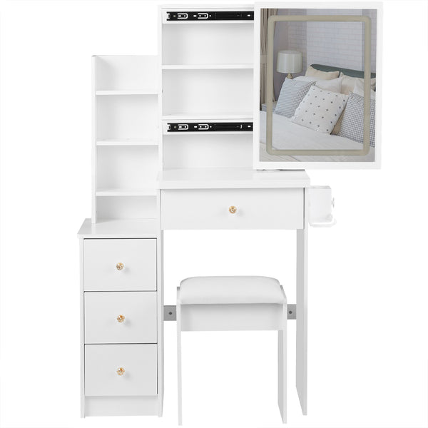 English Elm 29.2" Stylish Left Bedside Vanity Table Set With Led Mirror, Power Station & Cushioned Stool For Small Spaces W936P202468