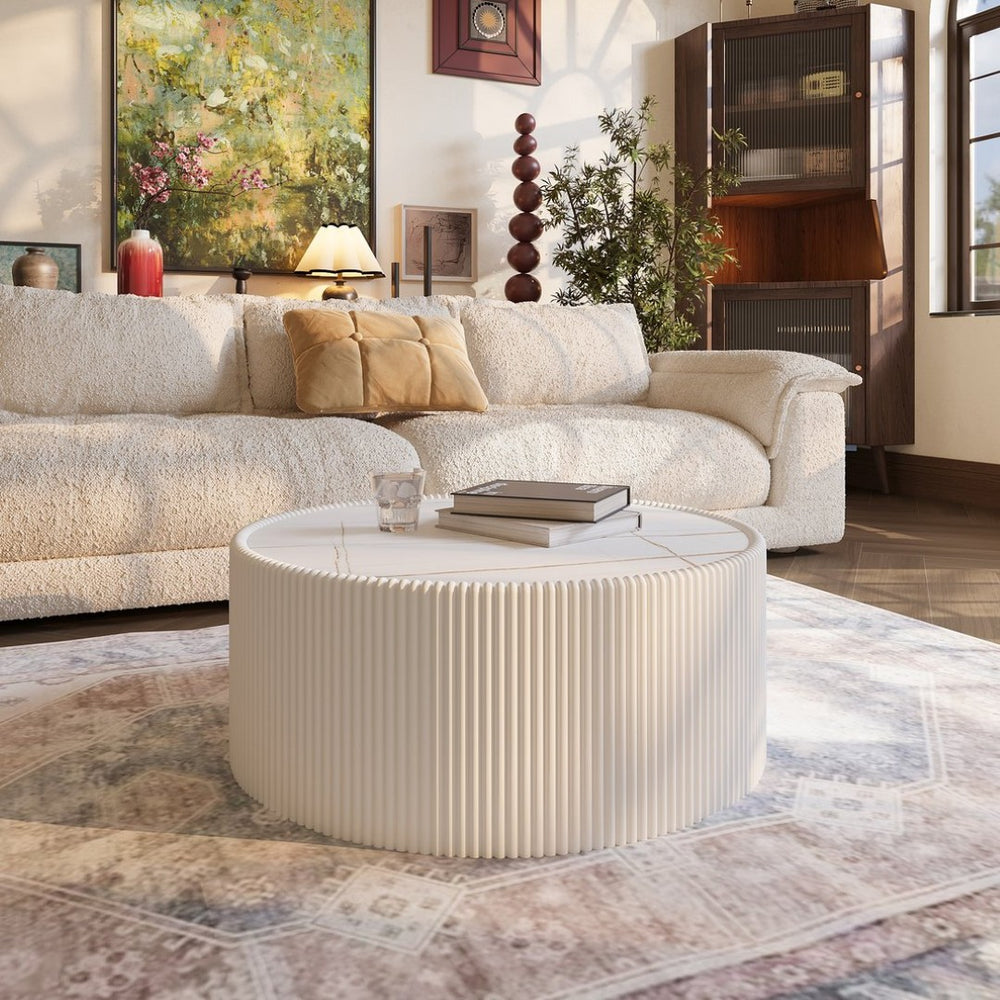 English Elm Light Sintered Stone Pu Leather Drum Coffee Table with Unique Gold Veining W3081P367602