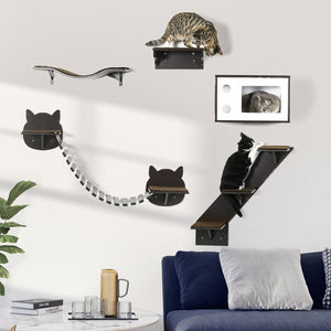 English Elm Pawhut Modular Wall Mounted Cat Tree with Condo Curved Perch Bridge and Solid Wood Frame W2225P217054