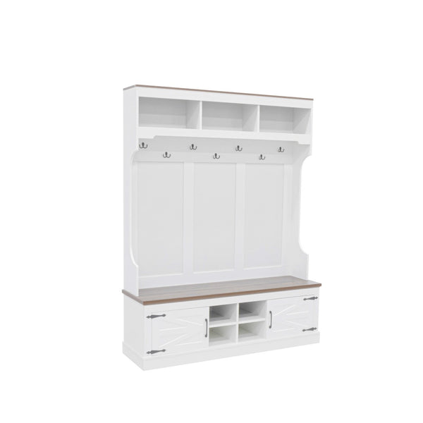 English Elm Vibe Haus Farmhouse Hall Tree with Bench Shoe Storage Hooks and Open Cubbies N724P380402K