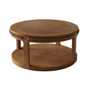 English Elm 31.5 Inch Round Solid Wood Coffee Table Two-Tier Thick Top Sturdy Legs 100lb Capacity, Elegant Finish Walnut Brown W1445P341375