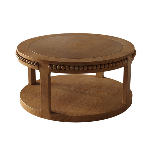English Elm 31.5 Inch Round Solid Wood Coffee Table Two-Tier Thick Top Sturdy Legs 100lb Capacity, Elegant Finish Walnut Brown W1445P341375