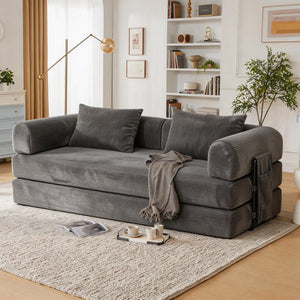 English Elm 78 Inch Corduroy Convertible Sofa Sleeper Futon with Foldable Armrests for Studio Rooms Dark Gray W5385P455030
