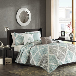 JLA Home Madison Park - 6 Madison Park Claire reversible quilt set with embroidered throw pillows, OEKO-TEX certified, timeless style Aqua MP13-1421