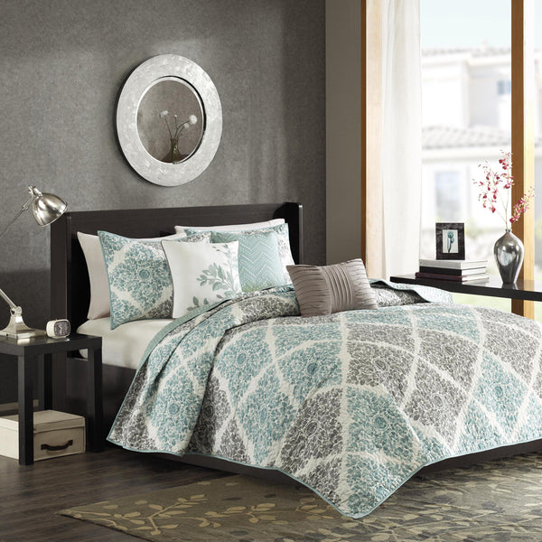 JLA Home Madison Park - 6 Madison Park Claire reversible quilt set with embroidered throw pillows, OEKO-TEX certified, timeless style Aqua MP13-1421