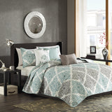 Madison Park Claire Transitional 6 Piece Printed Quilt Set with Throw Pillows MP13-1421 Aqua