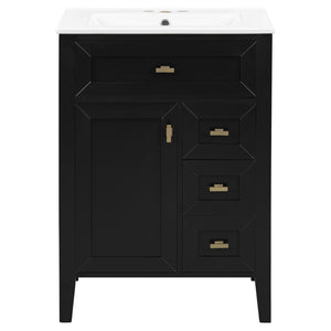 English Elm "24'' 24 Inch Glossy Freestanding Bathroom Vanity with Gold Hardware and Soft Close Storage Black Rubberwood N725P448529B