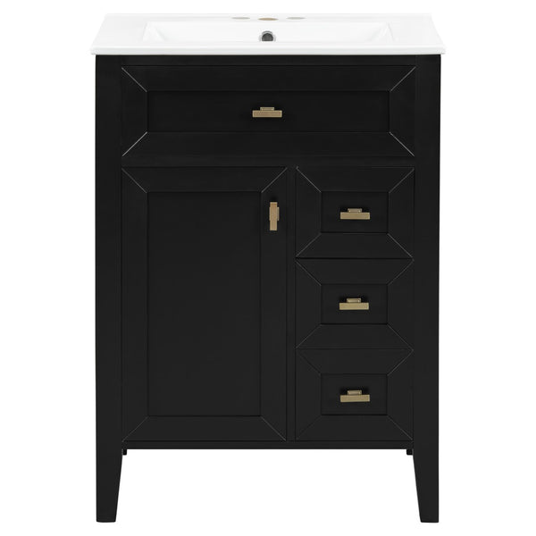 English Elm "24'' 24 Inch Glossy Freestanding Bathroom Vanity with Gold Hardware and Soft Close Storage Black Rubberwood N725P448529B