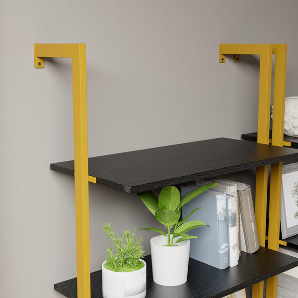 English Elm Industrial Ladder 5-Tier Wall-Mount Bookshelf with Metal Frame, MDF Shelves, Space-Saving Vertical Storage, Black/Golden Finish W578P357543