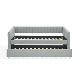 English Elm Twin Size Daybed With Trundle - Stylish Grey Linen Upholstered Sofa Bed With Vertical Stripes W1413S00089-GIGA