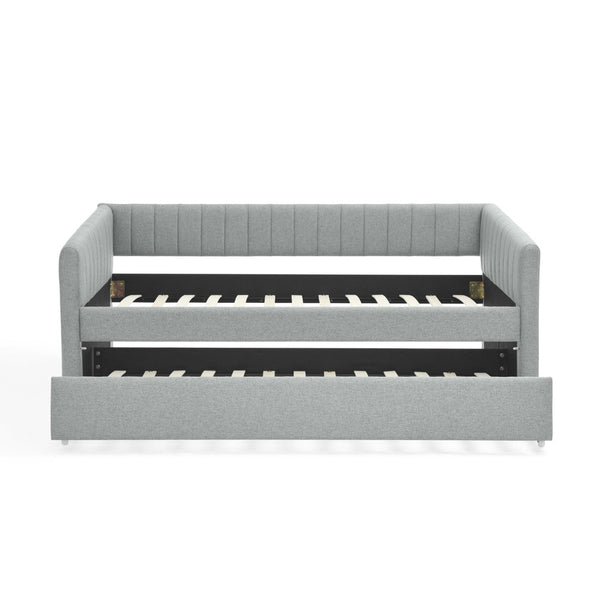 English Elm Twin Size Daybed With Trundle - Stylish Grey Linen Upholstered Sofa Bed With Vertical Stripes W1413S00089-GIGA