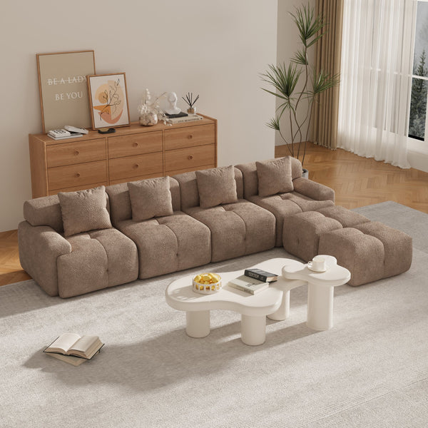 English Elm 135.4" 6-Piece U-Shaped Sleeper Modular Sectional Sofa Bed with Chaise, Tufted Fuzzy Fabric, 6-Seater Comfort taupe W3118S00023