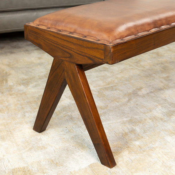 English Elm Ashcroft Furniture - Chad Tan Leather Bench with Solid Wood Tapered Legs — Mid-Century Modern 49" Upholstered Seat B183P231825