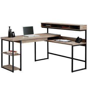 English Elm L-Shaped Desk In Rich Brown Finish - Versatile Home Office Solution With Smart Storage & Cable Management B356P402617