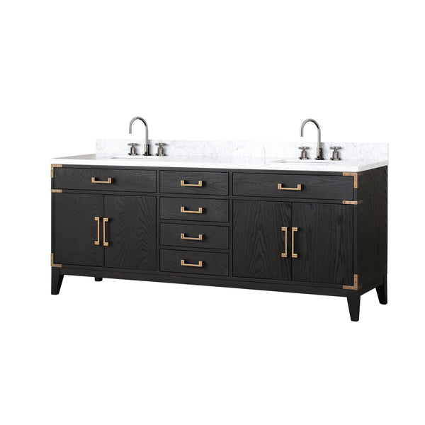 English Elm Black Oak Double Bath Vanity With Carrara Marble Top, Chrome Faucet, And Ample Storage Solutions B2731P260965