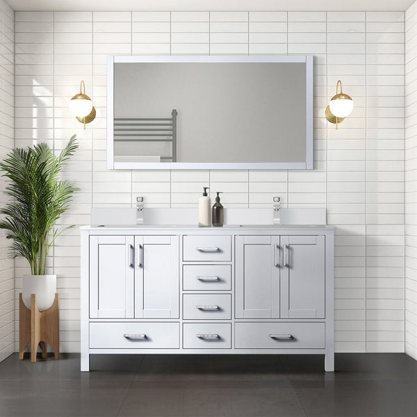 English Elm White Double Bath Vanity 60 in with Cultured Marble Top, Chrome Faucet, 58 in Mirror, Scratch-Resistant Finish B2731S01018