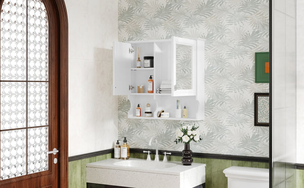 English Elm 30 30 Inch Mirror Medicine Cabinet with Half-Moon Design, Soft-Close Hinges, Open Shelf & Solid-Wood Frame White N710P322812K