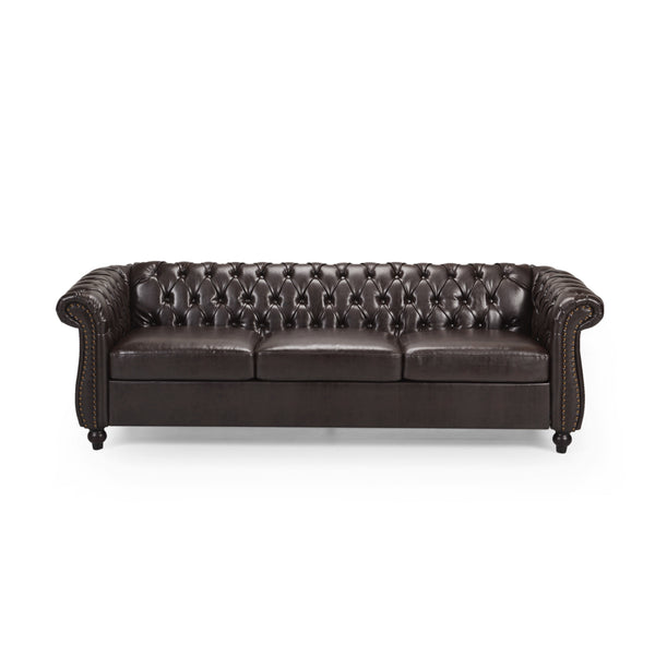 English Elm Christopher Knight Home® - 3 Seater Chesterfield Sofa with Button Tufted Diamond Stitch, Nailhead Accents & Scrolled Arms - Low Profile Brown N771P262584W