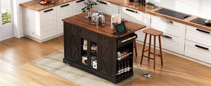 English Elm K&K 53" Farmhouse Kitchen Island with Drop Leaf, Tempered Glass Doors, Power Outlet, Rolling Cart Black N707P263637B